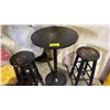 Image 2 : BAR HEIGHT WOODEN ROUND TABLE WITH METAL BASE AND 2 STOOLS