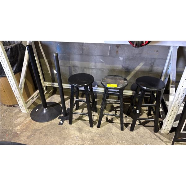 3 WOODEN STOOLS WITH 2 METAL TABLE BASES