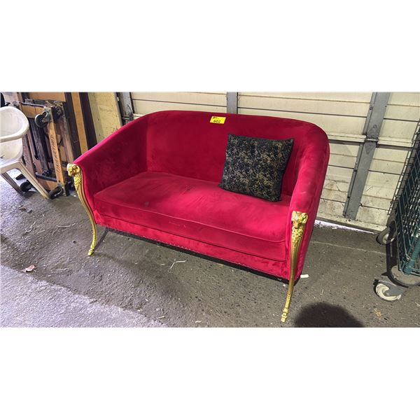 RED VELVET SOFA (CUSHIONS DAMAGED)