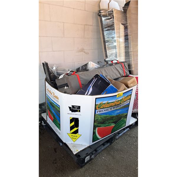 PALLET OF ASSORTED ITEMS INC. COLEMAN OASIS CANOPY, AUTOREADY VACUUM , POTS & PANS AND MORE