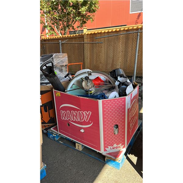 PALLET OF ASSORTED ITEMS INCLUDING CEILING FAN, AIR FRYER, KIDS SCOOTER AND MORE