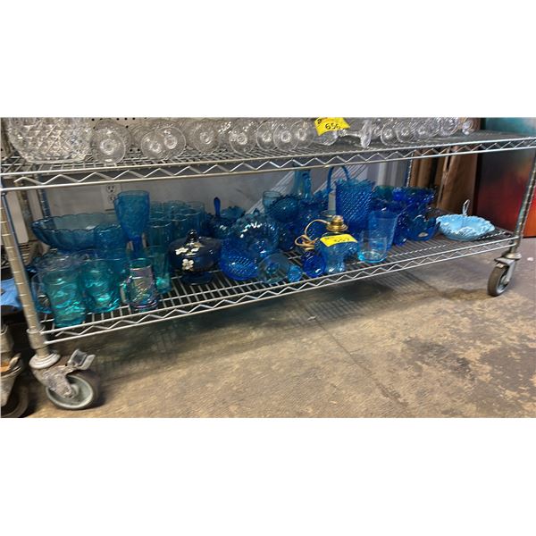 SHELF OF ASSORTED BLUE GLASSWARE