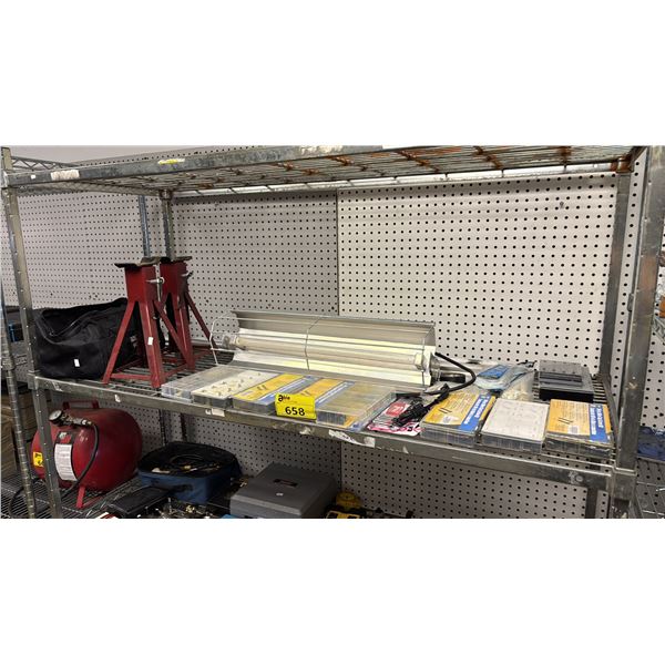 SHELF OF ASSORTED ITEMS INCLUDING AXEL STANDS, HEATER, ALLEN CAP SCREW KITS AND MORE