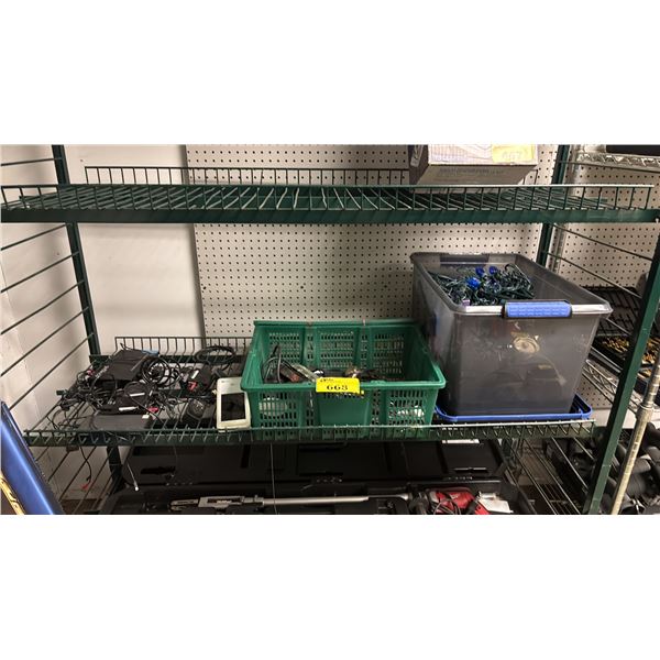 SHELF OF ASSORTED ELECTRONICS INCL. POST TERMINAL, CHRISMAS LIGHTS, POWER BANKS AND MORE