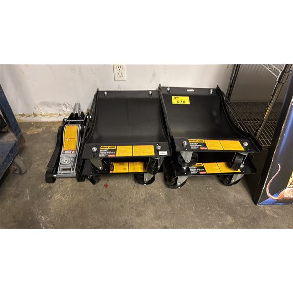 SET OF 4 BLACK JACK 1250LBS VEHICLE DOLLY AND PROFESSIONAL 2.5 TON LOW PROFILE SERVICE JACK NO HANDL