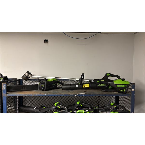 SHELF OF GREENWORK PRO CORDLESS TOOLS TRIMMER, BLOWER AND CHAIN SAW