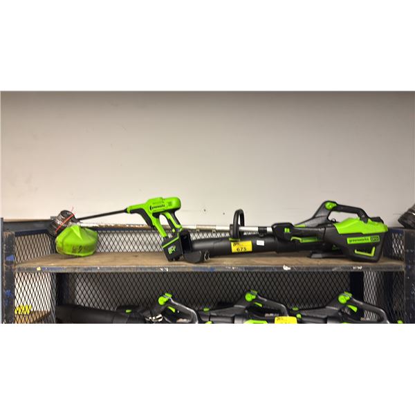 SHELF OF ASSORTED GREEN WORKS CORDLESS TOOLS INCL. PRO TRIMMER, PRO BLOWER AND PRESSURE WASHER
