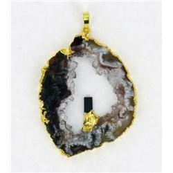 50ct Carved Druzy Agate Tourmaline Pendant Super Sparkler Gold Vermeil (JEW-1713)
