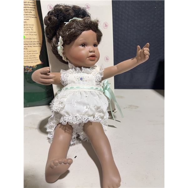 African American Porcelain Doll in White Lace Dress