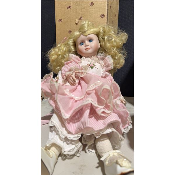 Porcelain Doll with Blonde Curly Hair and Pink Dress