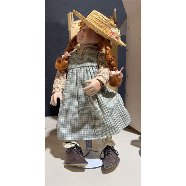 Porcelain Doll with Red Braids, Straw Hat, Plaid Dress