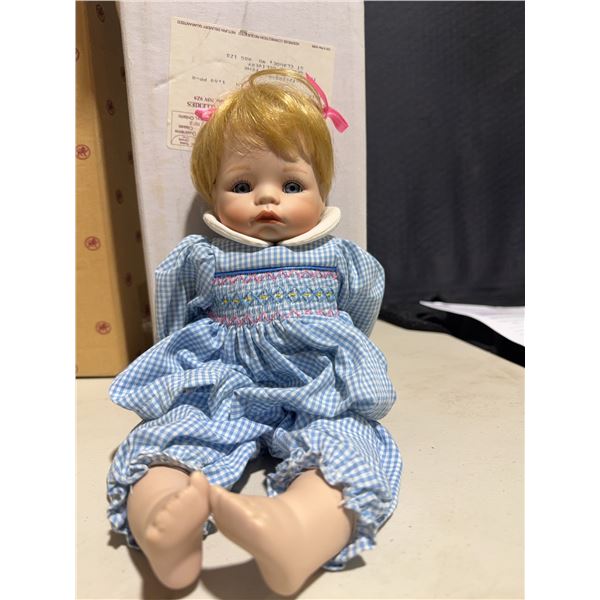 Ashton-Drake Galleries Porcelain Doll in Blue Gingham Dress