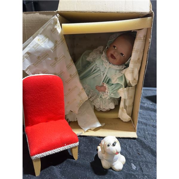 Ashton-Drake Galleries Baby Doll, Mini Red Chair, Porcelain Dog