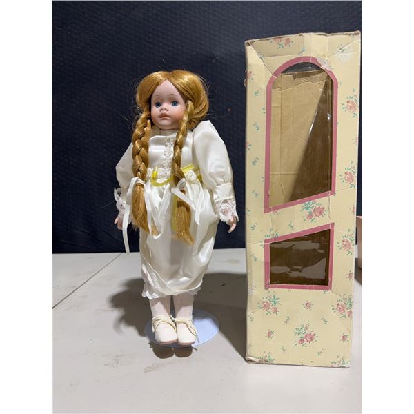 Porcelain Doll with Blonde Braids, White Dress, Original Box