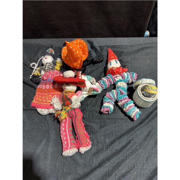 Handmade Yarn Dolls, Plush Bear, Clown Dolls, and Ceramic Trinket Box