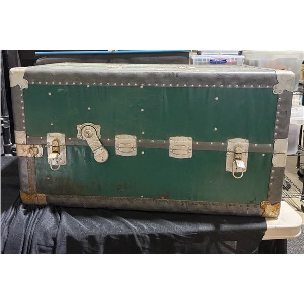 Green and Silver Metal-Bound Trunk with Blue Interior Lining