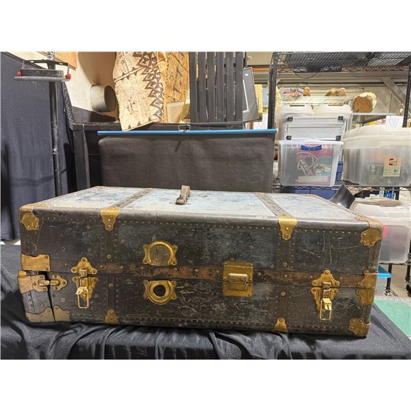 Wood and Metal Travel Trunk with Brass Hardware and Blue Interior