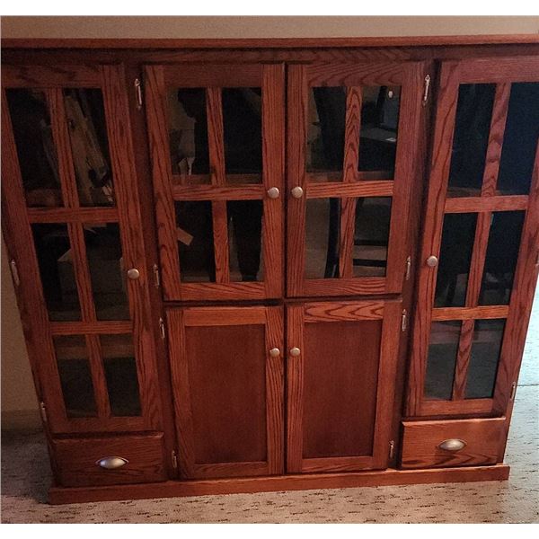 Wood Cabinet with Glass Pane Doors and Shelves