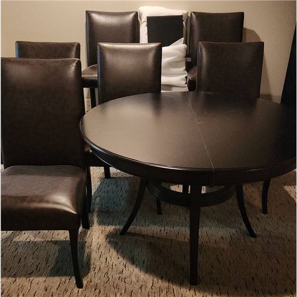 Dark Finish Dining Table With Two Leaves, Four Vinyl Chairs And Two Barstools