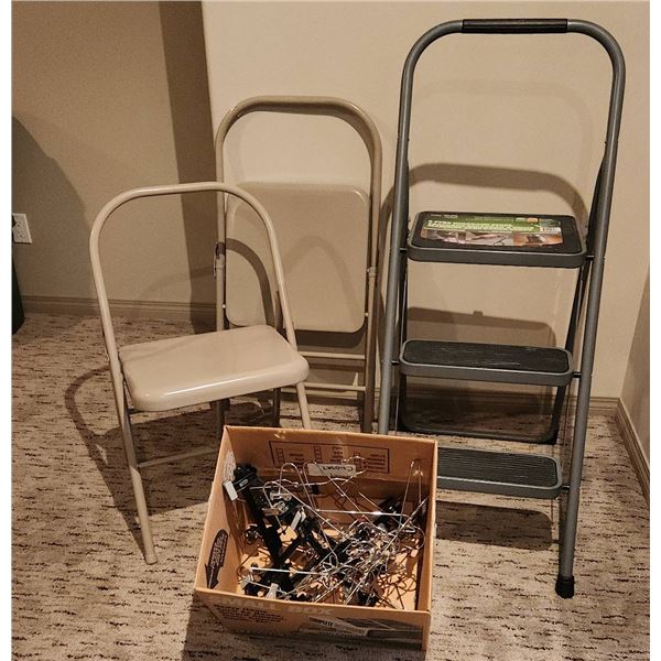 Two Folding Metal Chairs, Easy Reach 3-Step Highback Stool, Box of Assorted Hangers