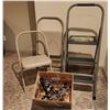 Image 1 : Two Folding Metal Chairs, Easy Reach 3-Step Highback Stool, Box of Assorted Hangers