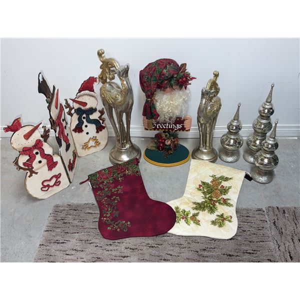 Holiday Decor Including Reindeer, Snowmen, Stockings, and Santa Bust