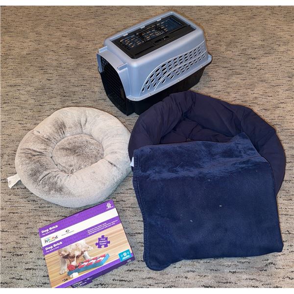 Pet Beds, Plastic Crate, Blanket, and Dog Puzzle Toy