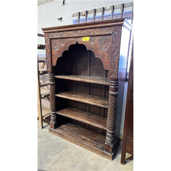 HEAVILY CARVED ORNATE 3-TIER WOOD CABINET 50" X 15" X 72"