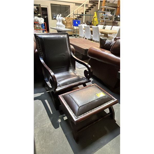 DJAWA FURNITURE & CRAFTS WOOD STUDDED LOUNGE CHAIR WITH OTTOMAN