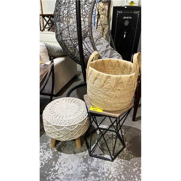 MODERN METAL & WOOD END TABLE, WOVEN BASKET & WOOD & CROCHET TOP FOOT REST