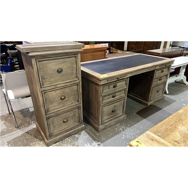 RECLAIMED 6-DRAWER WOOD DESK (68" X 31" X 32") WITH MATCHING 3-DRAWER FILE CABINET (22" X 19" X