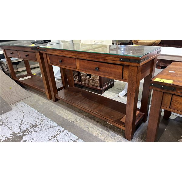 WOOD 2-DRAWER GLASS TOP HALL TABLE 50" X 16" X 30"