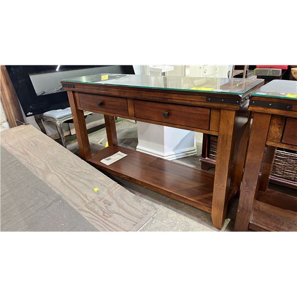 WOOD 2-DRAWER GLASS TOP HALL TABLE 50" X 16" X 30"