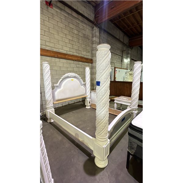 ORNATE KING SIZE WOOD FLORAL MOTIF CANOPY BED WITH HARDWARE (1 SIDEWALL HAS NO ATTACHMENT HOOKS)
