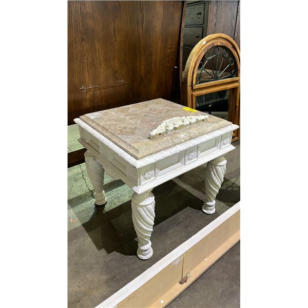 ORNATE FLORAL MOTIF MARBLE TOP 1-DRAWER TABLE 28" X 28" X 27" (NO KNOBS, 1 PIECE OF DECORATIVE