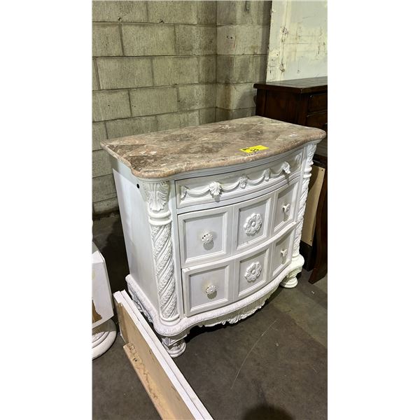 ORNATE FLORAL MOTIF MARBLE TOP 3-DRAWER NIGHT STAND 34" X 20" X 34"
