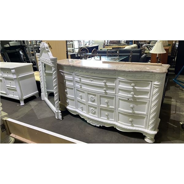 ORNATE FLORAL MOTIF MARBLE TOP 9-DRAWER DRESSER WITH MIRROR 72" X 20" X 39" (MIRROR MISSING 1 WOOD