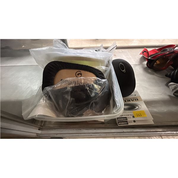 SMALL TOTE OF ASSORTED SKI GOGGLE REPLACEMENTS LENSES, OAKLEY LAMINATED TEAR OFFS & OAKLEY CASE