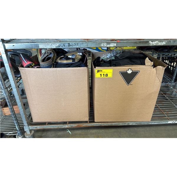 2 BOXES OF ASSORTED ITEMS INCLUDING SHOES, SURF BOARD WAX, CLOTHING AND MORE