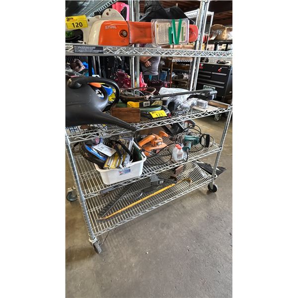 SHELF OF ASSORTED ITEMS INCLUDING 2PACK OUTLET, SKIL IMPACT DRIVER, LAUGH WALL DECOR AND MORE