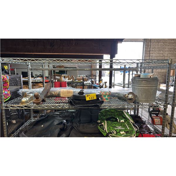 SHELF LOT OF ASSORTED ITEMS INCL. STEEL BALL HITCH MOUNT WITH COUPLER, ALUMINIUM BUCKETS AND MORE