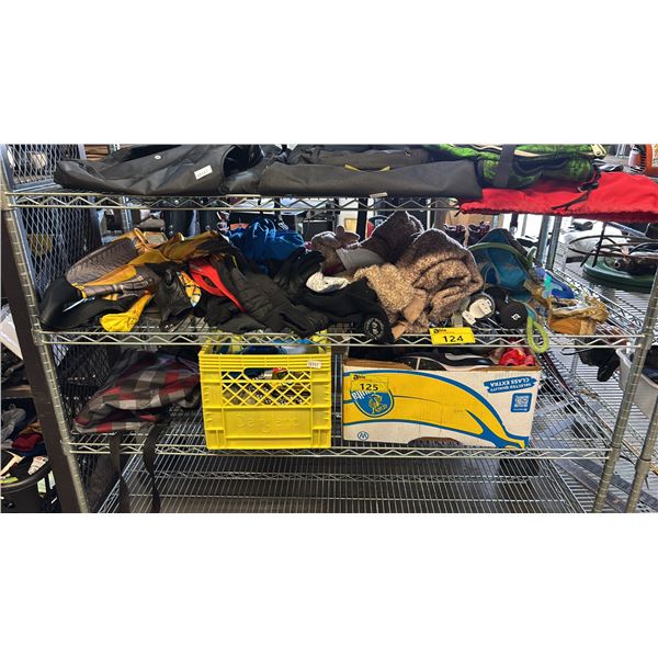 SHELF OF ASSORTED ITEMS INCL. KIDS COSTUMES, GLOVES AND MORE