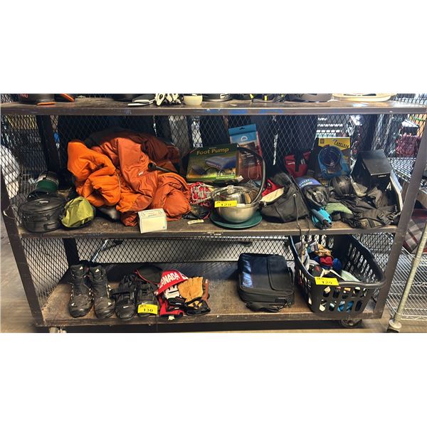 SHELF LOT OF ASSORTED CAMPING GEARS INCLUDING NORTHFACE SLEEPING BAG, PROPANE TANK, SOLAR SHOWER