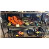 Image 1 : SHELF LOT OF ASSORTED CAMPING GEARS INCLUDING NORTHFACE SLEEPING BAG, PROPANE TANK, SOLAR SHOWER
