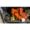 Image 2 : SHELF LOT OF ASSORTED CAMPING GEARS INCLUDING NORTHFACE SLEEPING BAG, PROPANE TANK, SOLAR SHOWER