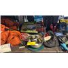 Image 3 : SHELF LOT OF ASSORTED CAMPING GEARS INCLUDING NORTHFACE SLEEPING BAG, PROPANE TANK, SOLAR SHOWER