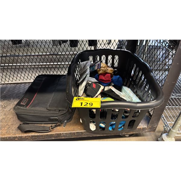 BIN OF ASSORTED GLOVES AND LAPTOP BAG