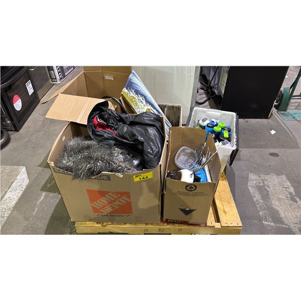 PALLET OF ASSORTED ITEMS INCL. SHAKERS, CLOTHING, PAINTING AND MORE