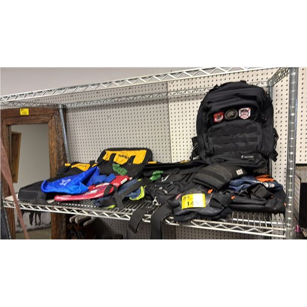 SHELF OF ASSORTED BACKPACKS, TOOL BAGS, KNEE PADS & MORE