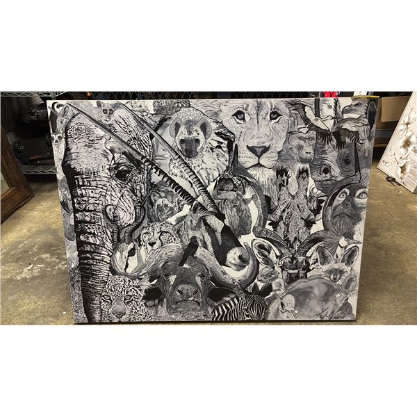 LARGE ORIGINAL SIGNED BLACK & WHITE ART ON CANVAS BY KARLA MAGNUSSON: APPROX. 36" X 48